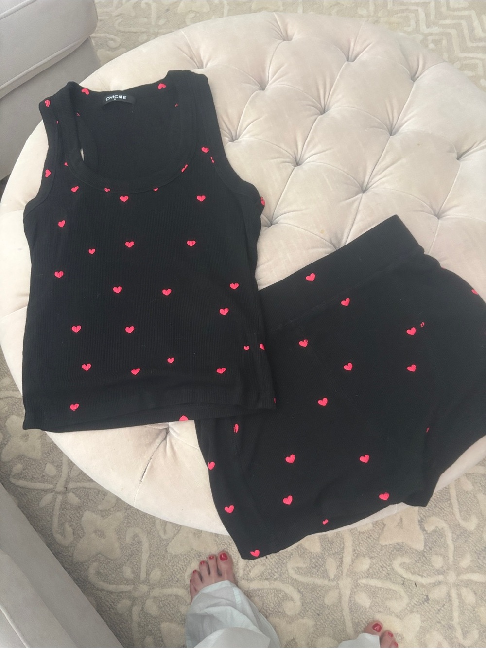 chick pea Black Ribbed Tank & Shorts Pajama Set with Pink Heart Print